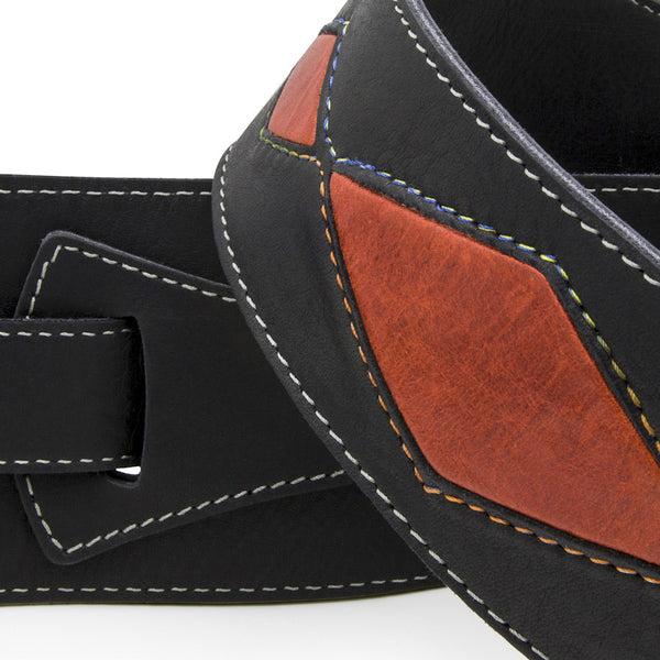CRAZY HORSE - Black + Burnt Orange leather guitar strap - Stinger Straps - 2