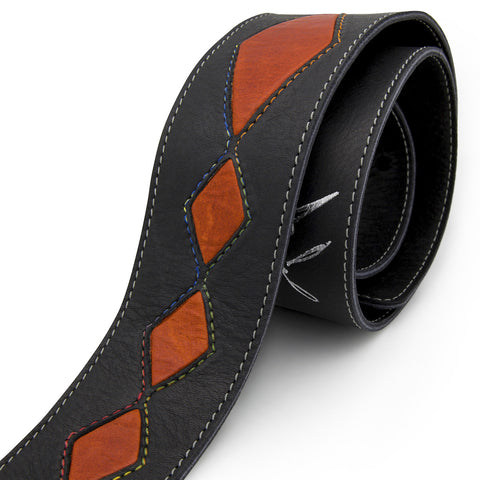 CRAZY HORSE - Black + Burnt Orange leather guitar strap - Stinger Straps - 1