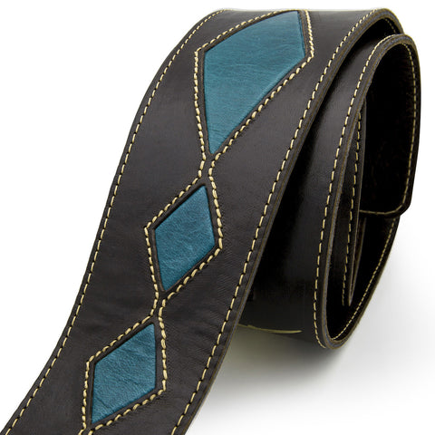 CRAZY HORSE - Chocolate + Turquoise leather guitar strap - Stinger Straps - 1