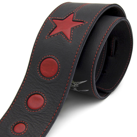 COSMONAUT - Black + Fire Red leather guitar strap - Stinger Straps - 1