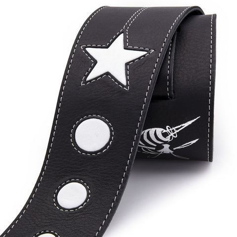 COSMONAUT - Black + White leather guitar strap - Stinger Straps - 1