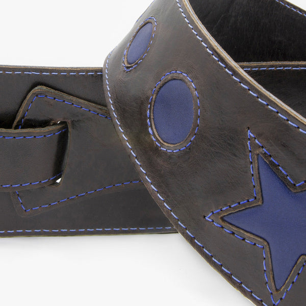 COSMONAUT - Chocolate + Royal Blue leather guitar strap - Stinger Straps - 3