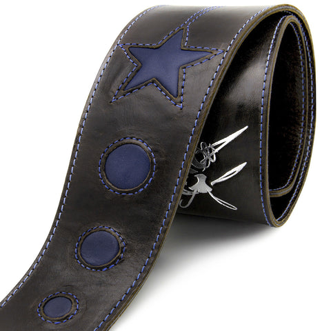 COSMONAUT - Chocolate + Royal Blue leather guitar strap - Stinger Straps - 1